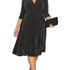 Sequin V Neck 3/4 Sleeve Midi Prom Dress Plus Size