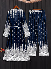 Boho Outfit Set Women's Plus Geo Print Cardigan & Pants Set