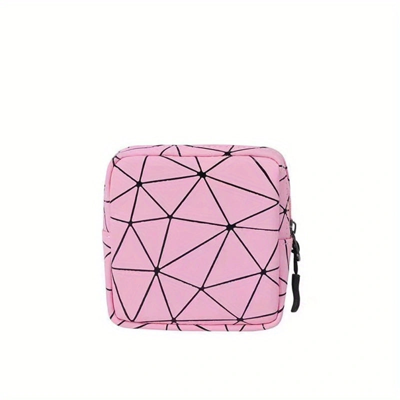 Geometric Pattern Mini Storage Bag Zipper PU Leather Lightweight Organizer