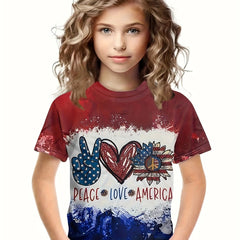 3D PEACE LOVE AMERICA Short Sleeve T shirt Kids Pullover Tops Summer
