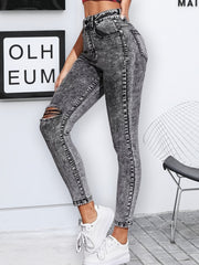 Grey Snowflake Fabrics Skinny Jeans Ripped Knee High Rise Cropped Denim Pants