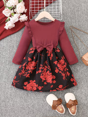 Leaf Print Ruffle Details Long Sleeve Dress