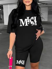 Miami Letter Print Set Crew Neck Tee & Slim Shorts
