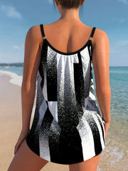Modest Tankini Set Splash & Striped Print Cami Top & Shorts Swimsuit