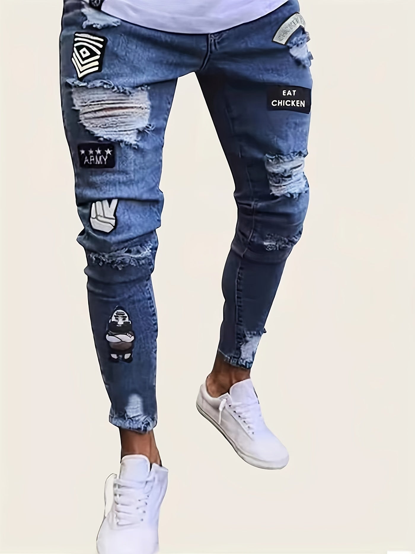 Slim Fit Ripped Patchwork Jeans Mens Casual Street Style Mid Stretch Denim Pants
