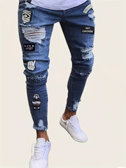 Slim Fit Ripped Patchwork Jeans Mens Casual Street Style Mid Stretch Denim Pants