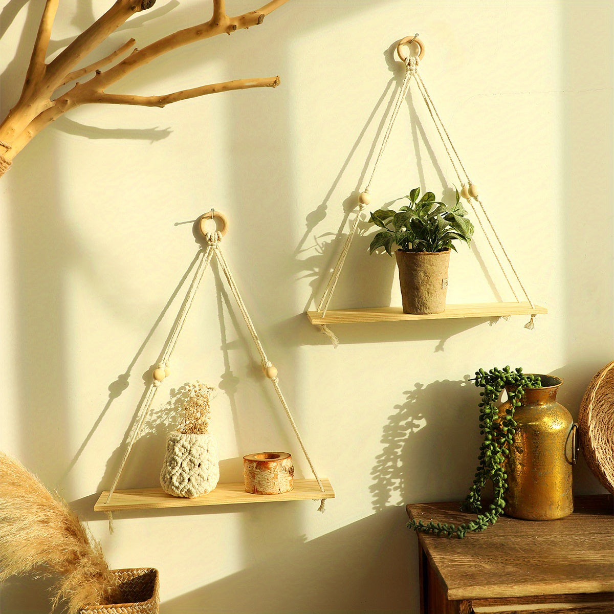 Bohemian Wooden Wall Hanging Shelf - Rustic Macrame Plant Shelf