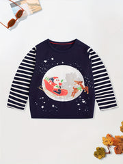 Christmas Sleigh Print Boy's Xmas T shirt Kids Long Striped Sleeve