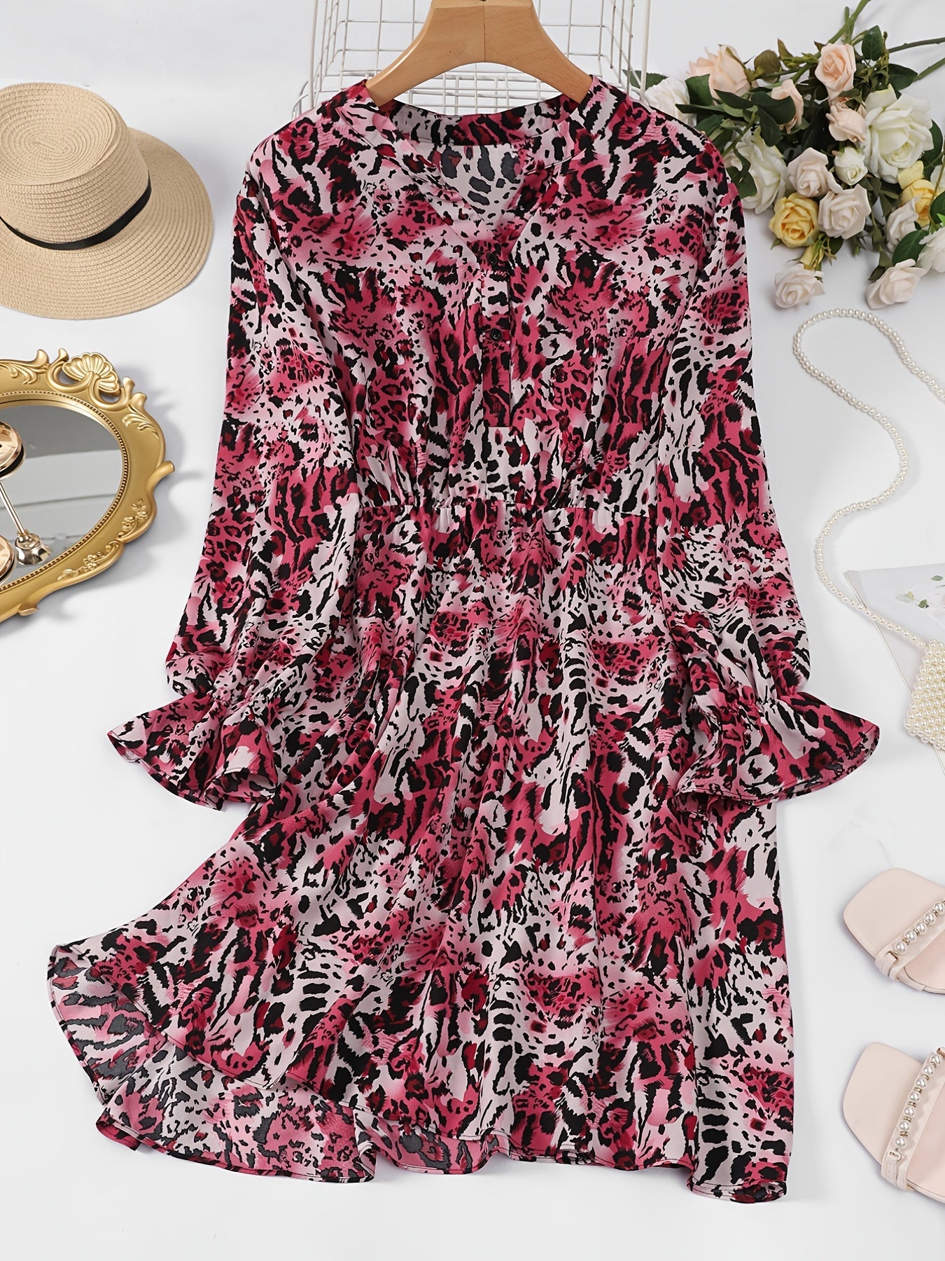 Graphic Print Ruffle Trim Button Up Dress