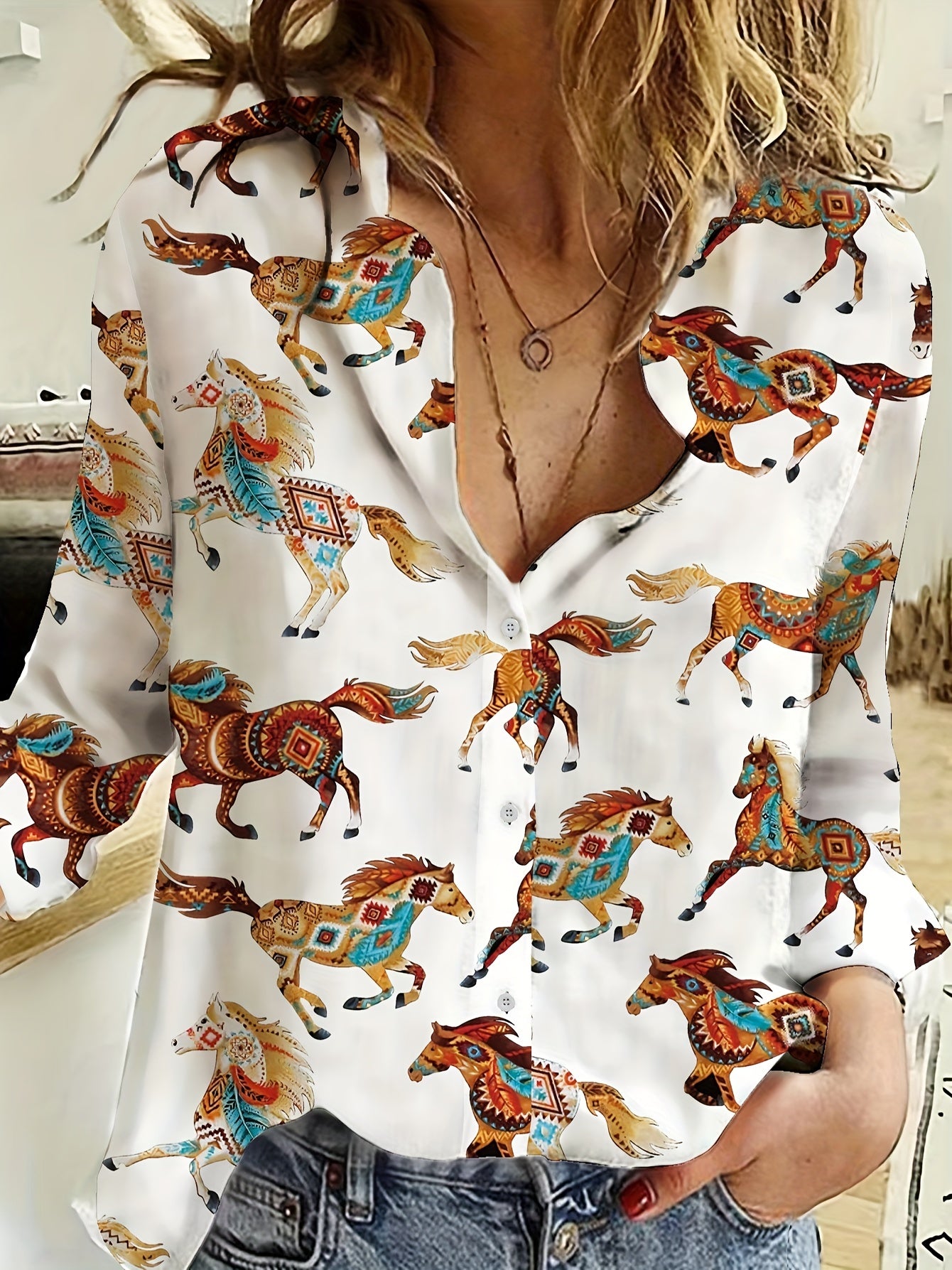 Horse Print Button Up Long Sleeve Blouse