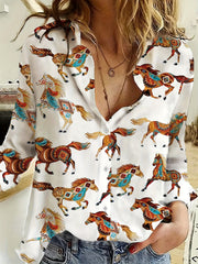 Horse Print Button Up Long Sleeve Blouse