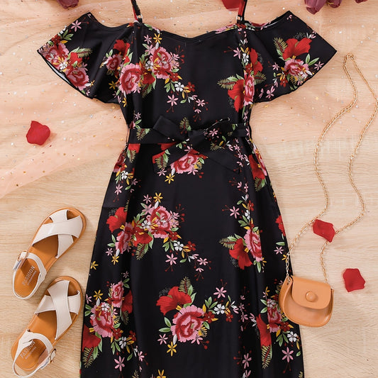Girls Chiffon Flowers Print Cold Shoulder Dress With Belt