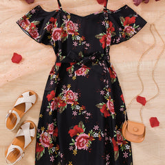 Girls Chiffon Flowers Print Cold Shoulder Dress With Belt