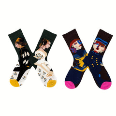 4 Pairs Portrait Print Socks Women's Mid Tube Stockings