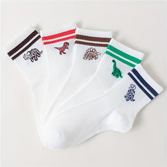 5 Pairs Striped Dino Ribbed Socks Breathable Mid Tube Women's Hosiery