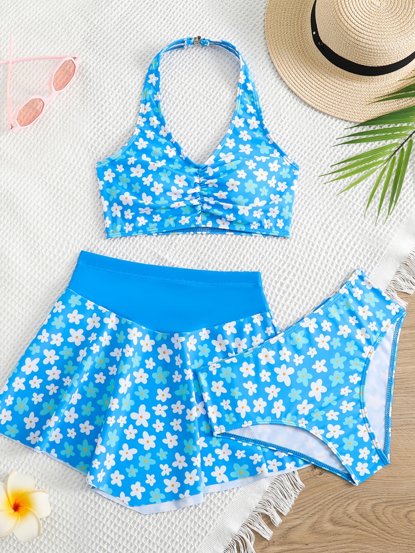 3pcs Girl's Floral Top & Skirt & Bikini Swimsuit Set Kids Beach Clothes