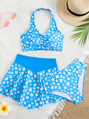 3pcs Girl's Floral Top & Skirt & Bikini Swimsuit Set Kids Beach Clothes