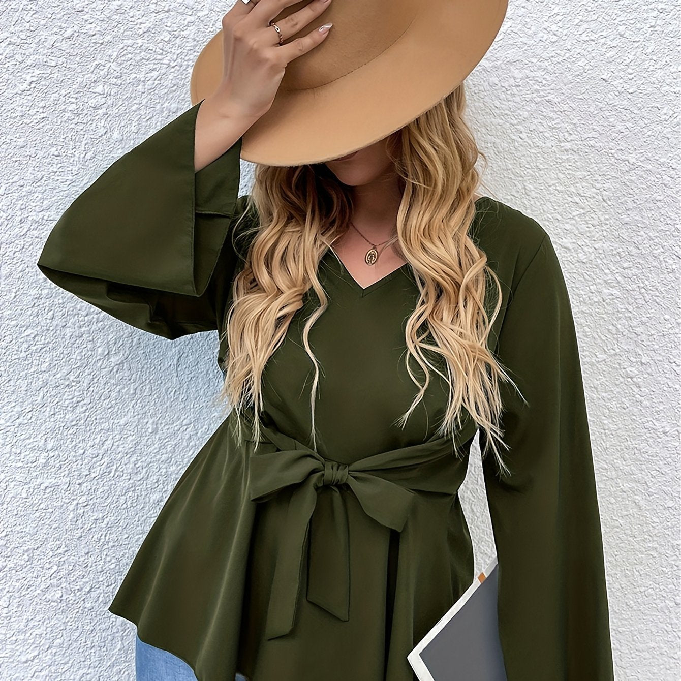 Long Sleeve Peplum Top with Belt