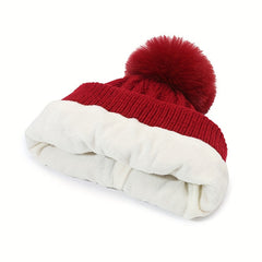 Winter Thickened Knitted Hat With Pom