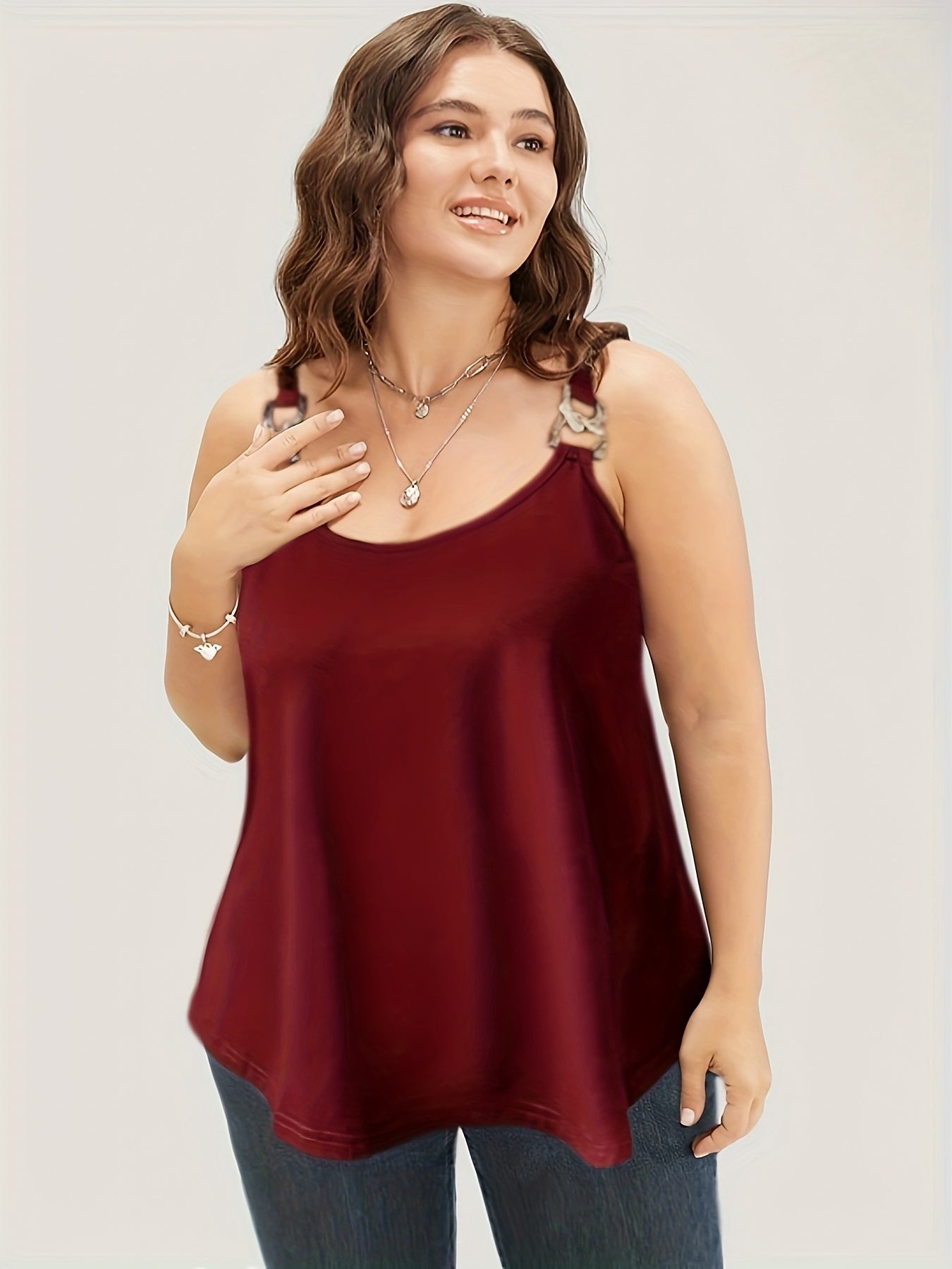 Casual Tank Solid Metal Decor Round Neck