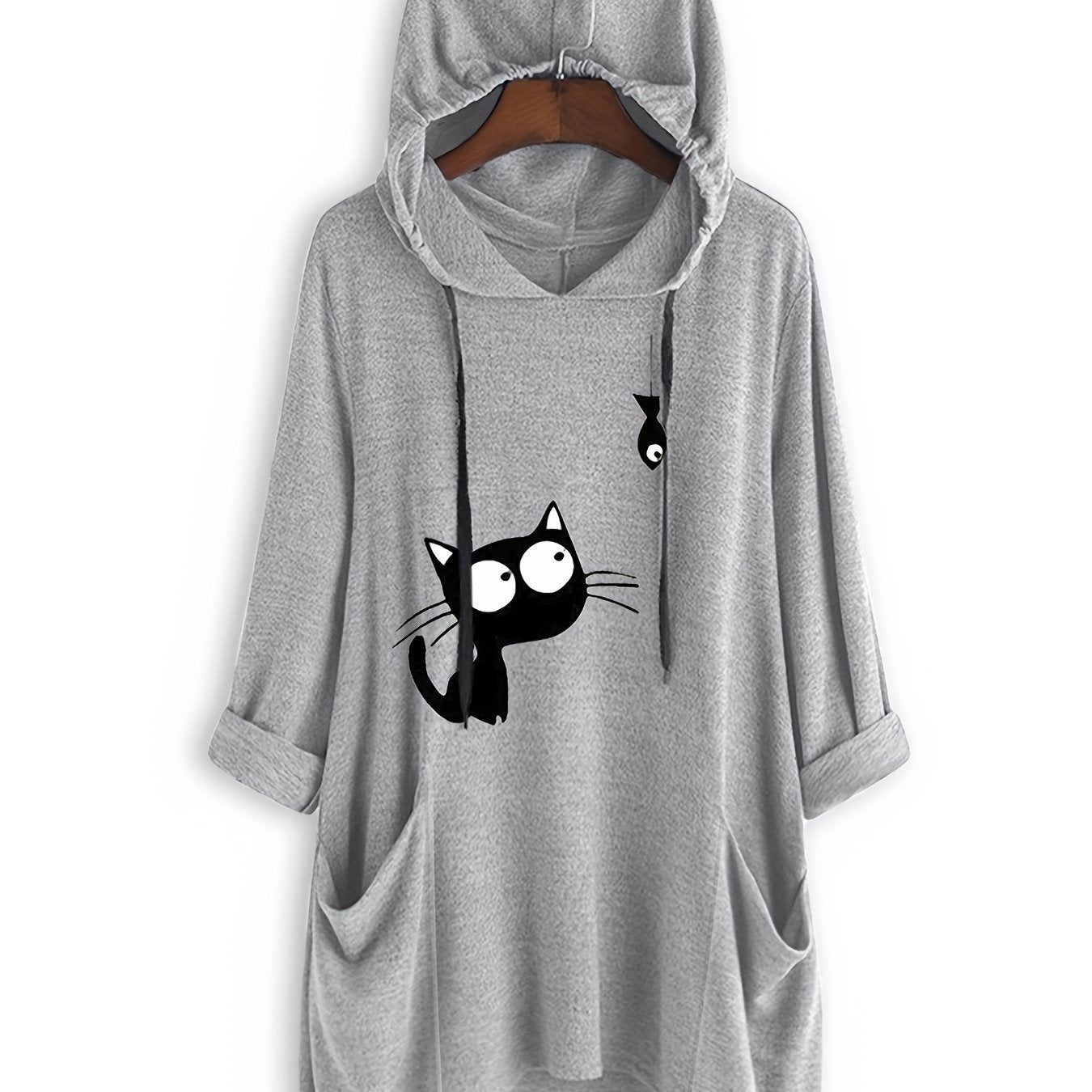 Cat Print Drawstring Hoodie Casual Long Sleeve Sweatshirt