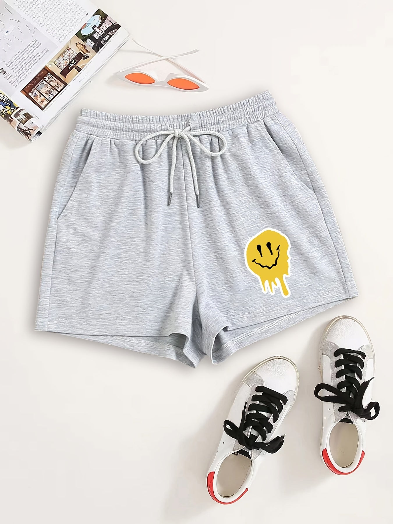 Smile Face Print Hotpants Yoga Drawstring Waist Shorts