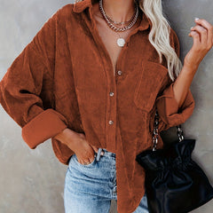 Solid Corduroy Button Up Long Sleeve Collar Shirt