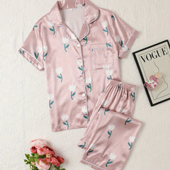 Floral Print Pajama Set Short Sleeve Top & Pants Women's Sleepwear