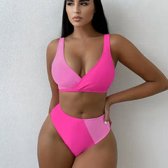 Stretchy High Cut Bikini Set V Neck 2 Piece Sexy Swimsuit