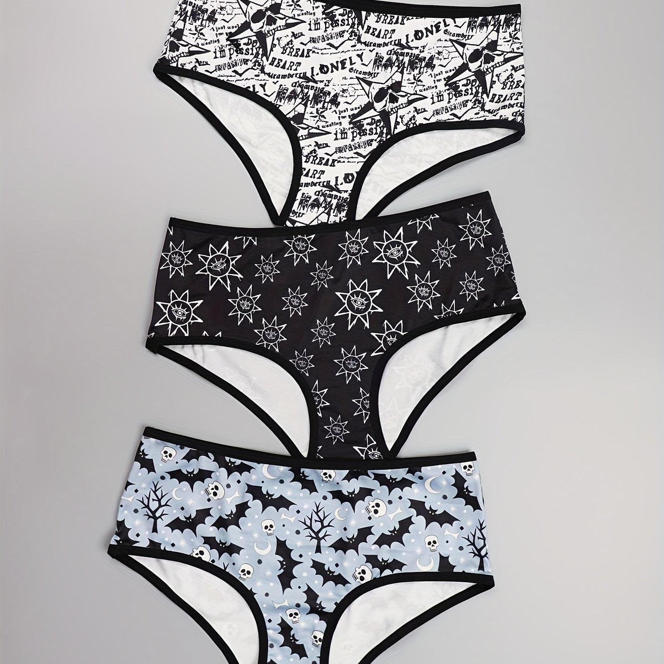 3 Pack Plus Size Sexy Panties Set Women's Plus Skull & Eye Sun Print