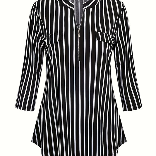 Stripe Print Half Zipper V Neck Top