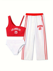 3pc Girls Splicing Letter Print Swimsuit Comfy Bathing Suit