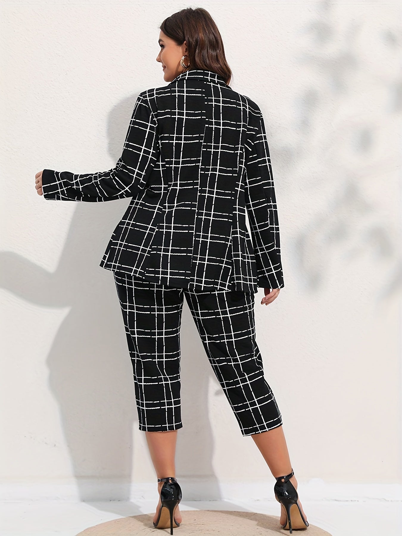 Grid Print Coat & Pants Suit Set