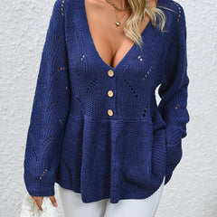 V Neck Button Front Pullover Sweater for Women