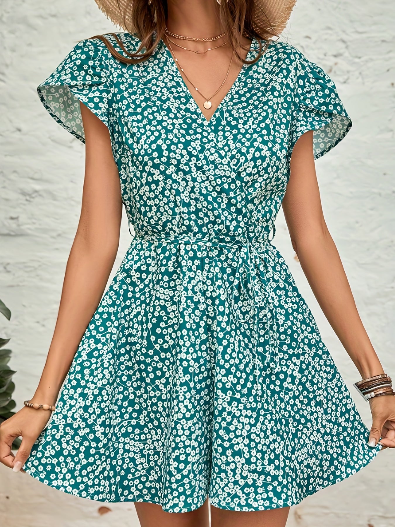 Floral Print Romper Jumpsuit Petal Sleeve Romper