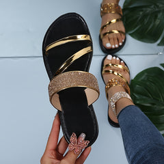 Women's Rhinestone Flat Sandals Open Toe Slip On Slides Shoes