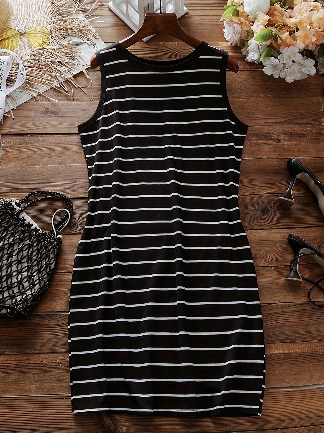 Casual Dress Women's Plus Strips Print Round Neck Slight Stretch Slim