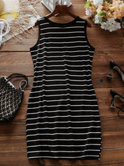 Casual Dress Women's Plus Strips Print Round Neck Slight Stretch Slim