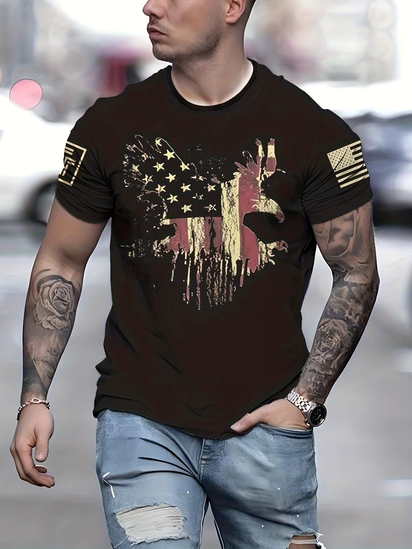 Patriotic Eagle & American Flag 3D Print Men's Graphic T shirt