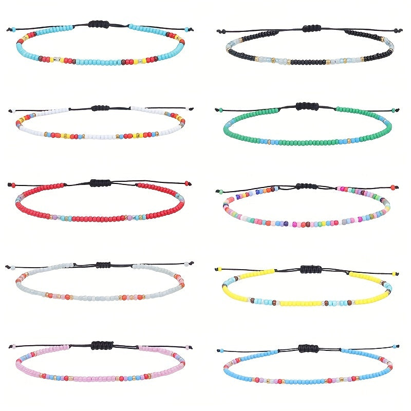 10pcs Colorful Rice Beads Anklet Set Boho Style Bracelet for Women