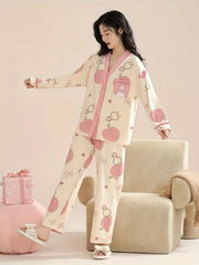 Duck Print Pajama Set Long Sleeve V Neck Top & Pants