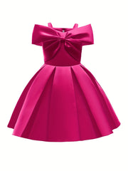 Girls Cold Shoulder Princess Pink Big Bow Decor Performance Dress
