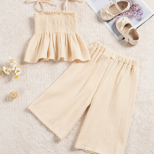 2pcs Baby Girls Shirred Camisole Top & Wide Leg Pants Set