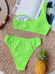 Asymmetrical Rib Knit Bikini Set Solid Ring Two Piece Swimsuit Women's Swimwear