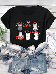 Cute Cat Print Heart T Shirt for Women