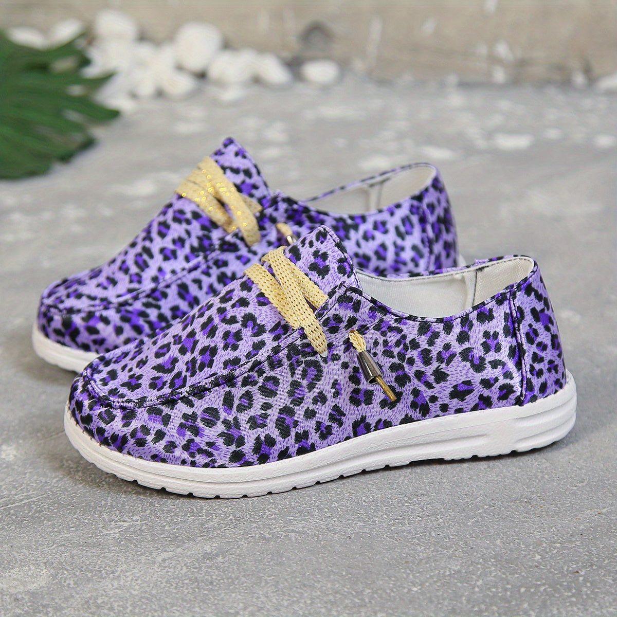 Purple Leopard Print Canvas Shoes Lightweight Lace Up Shoes