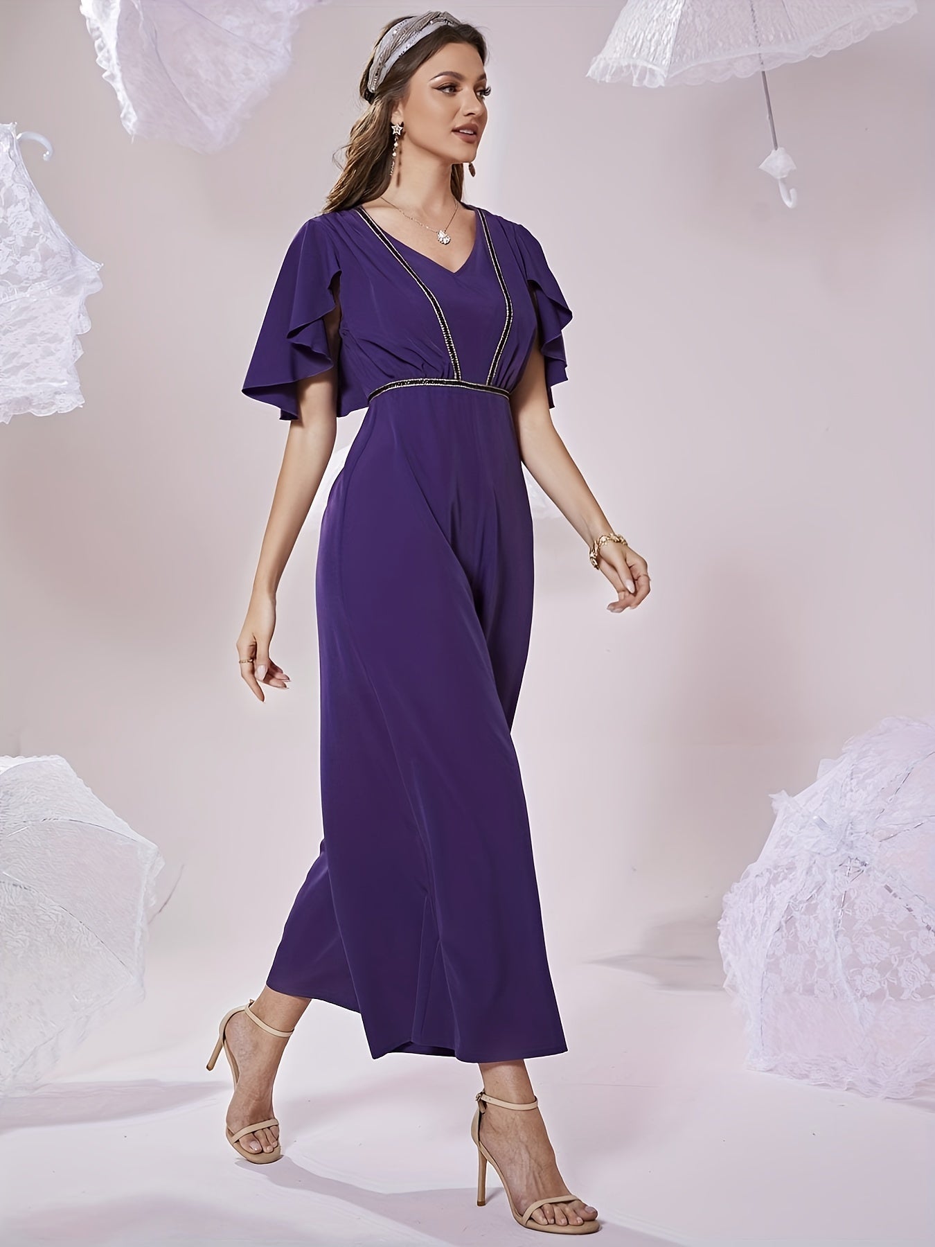 Pleated Cinched Waist V Neck Jumpsuit Casual Cape Sleeve Jumpsuit