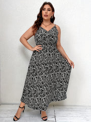 Allover Print Shirred Nipped Waist V Neck Maxi Cami Dress