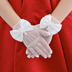 Girls Mesh Bow Lace Faux Pearl Gloves Party Supplies