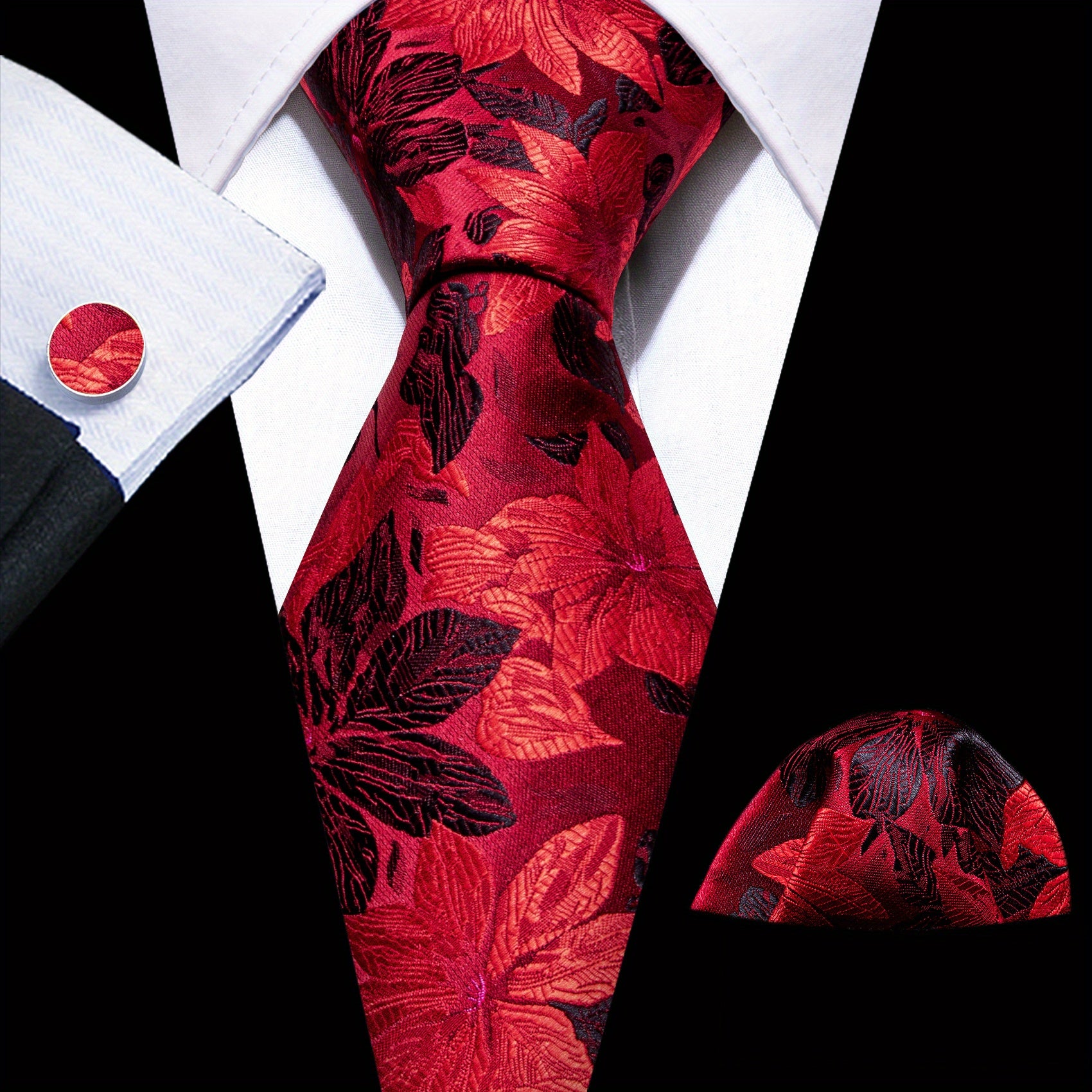 Barry Wang Vintage Men's Tie Set Silver Floral Jacquard Party